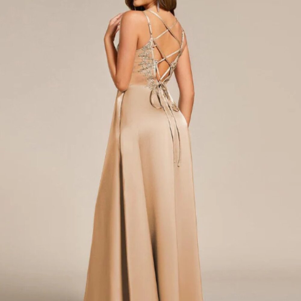 NWT - Dramatic Backless Lace-up Satin Formal Gown Size 16